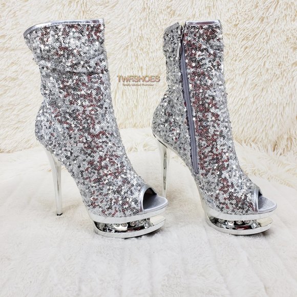 Blondie Luxurious Silver Sequin Slouchy Shaft High Heel Ankle Boots 1008 - Picture 12 of 13